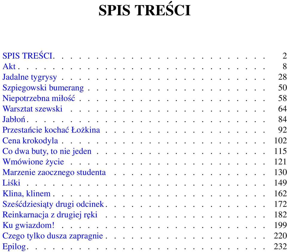 ....................... 102 Co dwa buty, to nie jeden.................... 115 Wmówione życie....................... 121 Marzenie zaocznego studenta.................. 130 Liśki............................ 149 Klina, klinem.