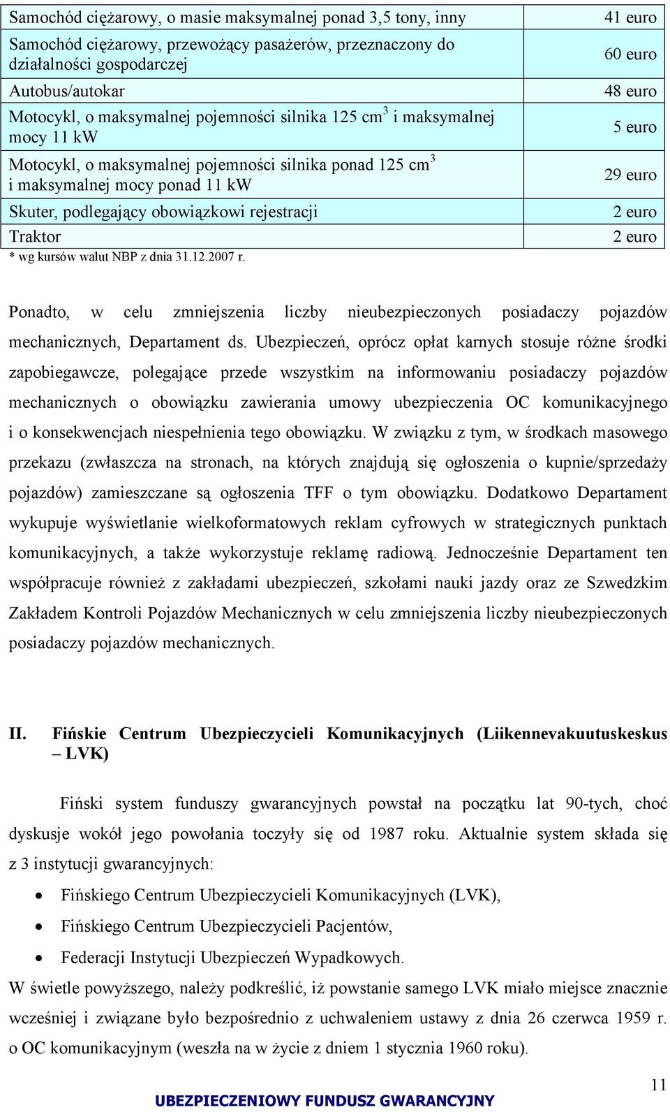 walut NBP z dnia 31.12.2007 r. 41 euro 60 euro 48 euro 5 euro 29 euro 2 euro 2 euro Ponadto, w celu zmniejszenia liczby nieubezpieczonych posiadaczy pojazdów mechanicznych, Departament ds.