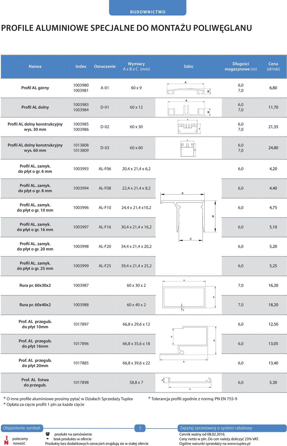 60 mm 1013808 1013809 D-03 60 x 60 6,0 7,0 24,80 Profil AL. zamyk. do płyt o gr. 6 mm 1003993 AL-F06 20,4 x 21,4 x 6,2 6,0 4,20 Profil AL. zamyk. do płyt o gr. 8 mm 1003994 AL-F08 22,4 x 21,4 x 8,2 6,0 4,40 Profil AL.