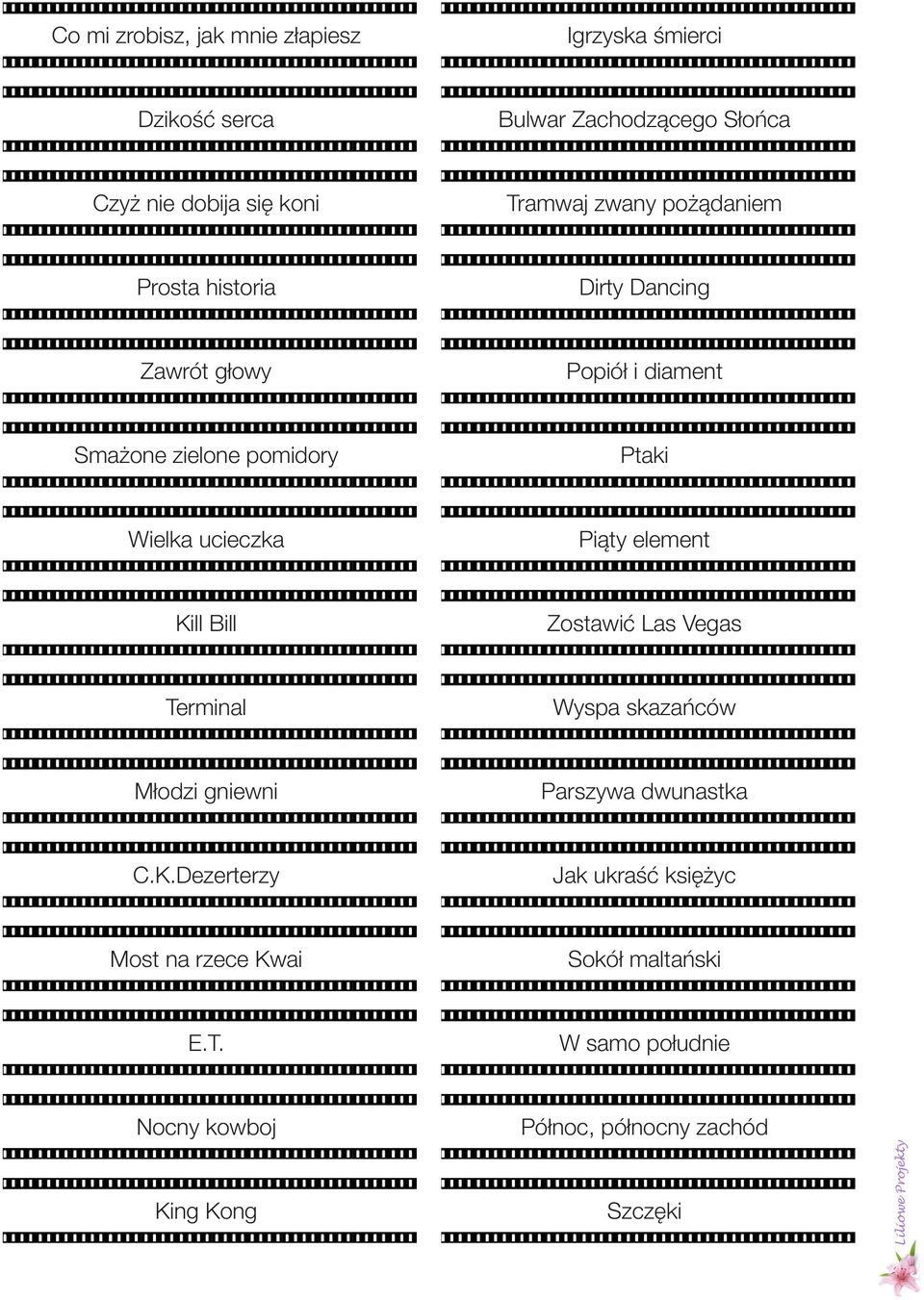 Piąty element Kill Bill Zostawić Las Vegas Terminal Wyspa skazańców Młodzi gniewni Parszywa dwunastka C.K.Dezerterzy Jak ukraść księżyc Most na rzece Kwai Sokół maltański E.