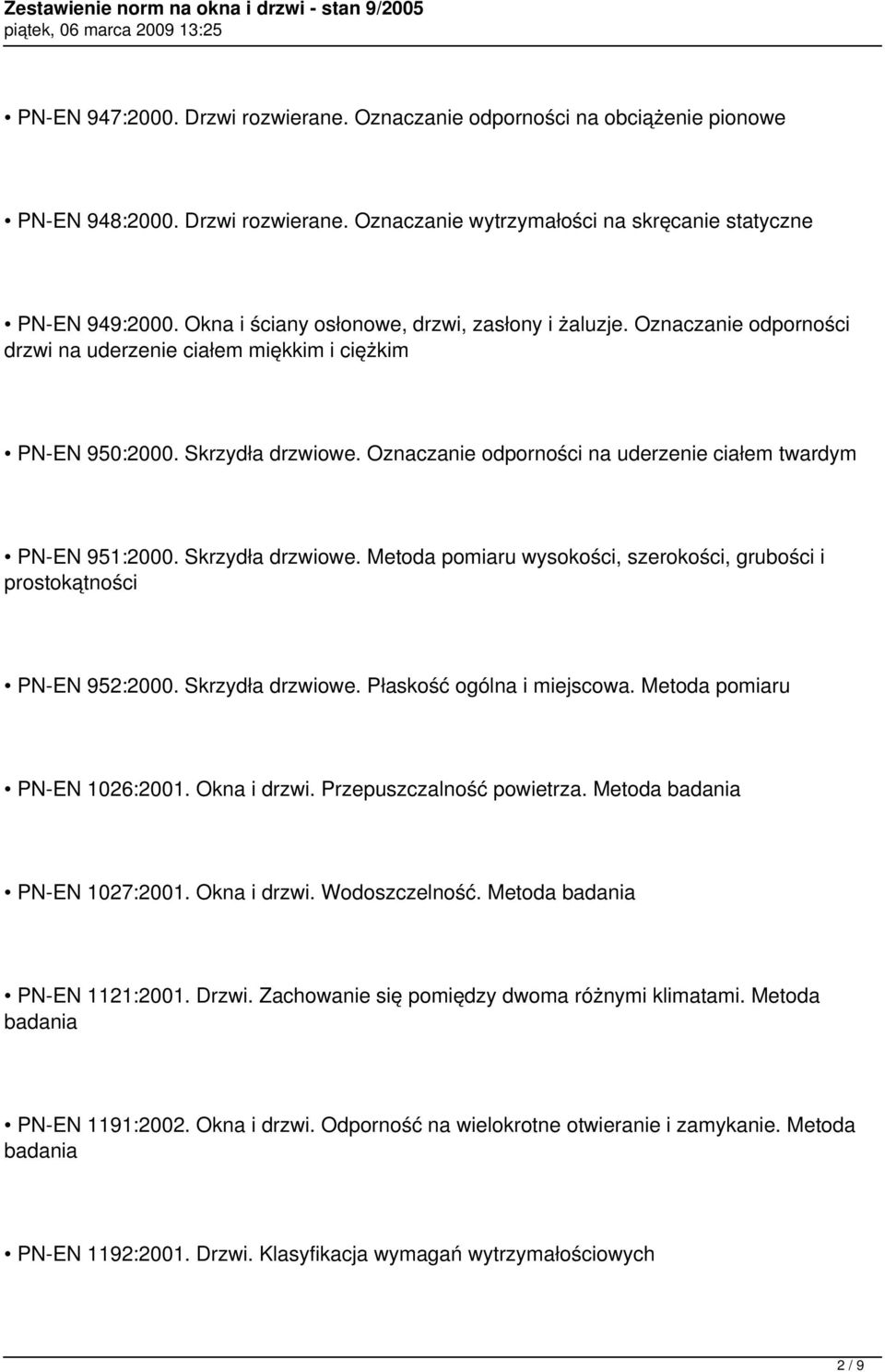 Oznaczanie odporności na uderzenie ciałem twardym PN-EN 951:2000. Skrzydła drzwiowe. Metoda pomiaru wysokości, szerokości, grubości i prostokątności PN-EN 952:2000. Skrzydła drzwiowe. Płaskość ogólna i miejscowa.