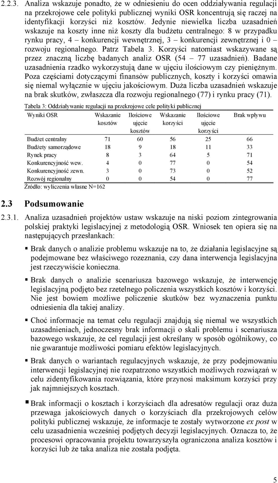 regionalnego. Patrz Tabela 3. Korzyści natomiast wskazywane są przez znaczną liczbę badanych analiz OSR (54 77 uzasadnień).