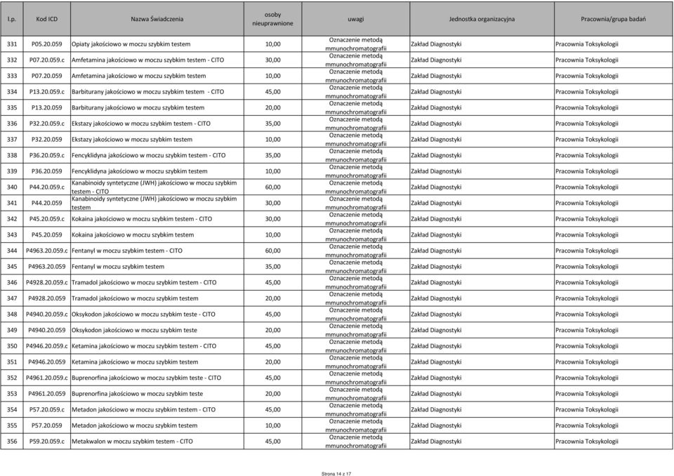 20.059 Ekstazy jakościowo w moczu szybkim testem 10,00 338 P36.20.059.c Fencyklidyna jakościowo w moczu szybkim testem - CITO 35,00 339 P36.20.059 Fencyklidyna jakościowo w moczu szybkim testem 10,00 340 P44.