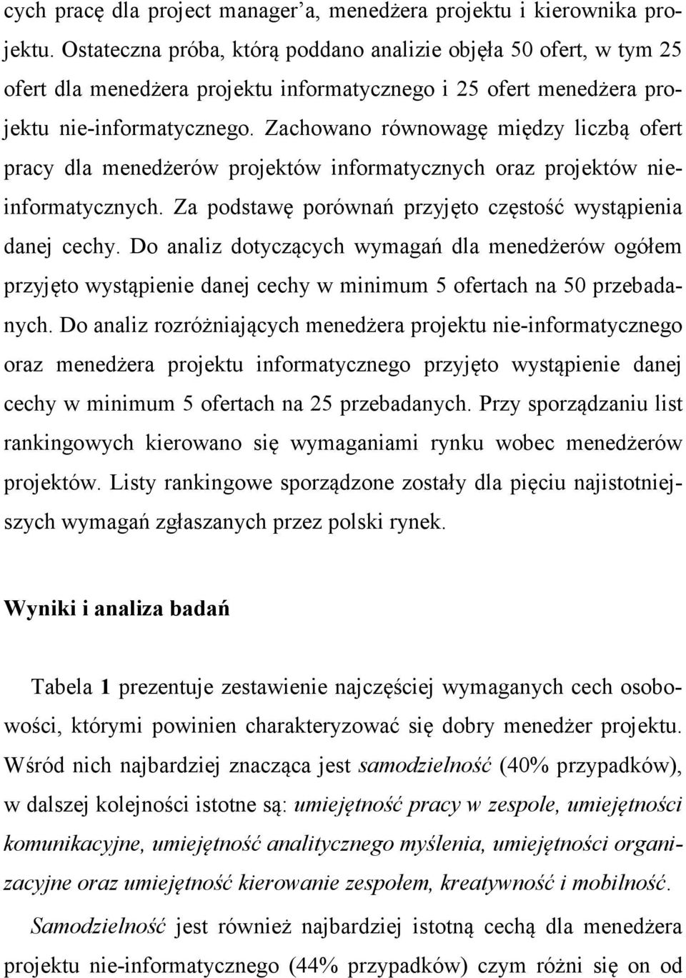 Zachowano równowagę między liczbą ofert pracy dla menedżerów projektów informatycznych oraz projektów nieinformatycznych. Za podstawę porównań przyjęto częstość wystąpienia danej cechy.