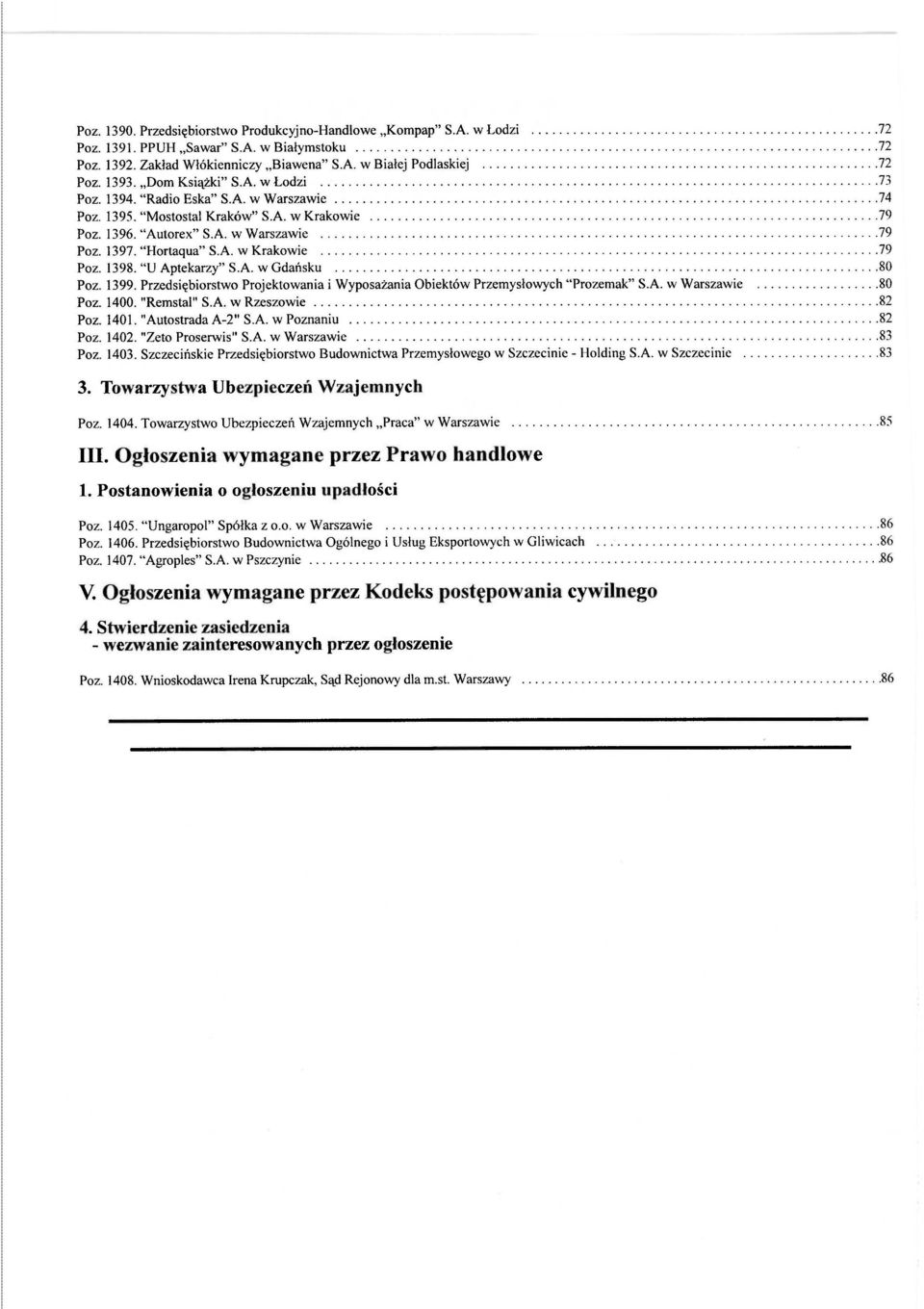 "Radio Eska" S.A. w Warszawie................................... 74 Poz. 1395. "Mostostal Kraków" S.A. w Krakowie................................................ 79 Poz. 1396. "Autorex" S.A. w Warszawie............................................................... 79 Poz. 1397.