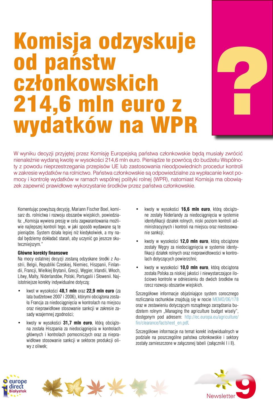 Pieniądze te powrócą do budżetu Wspólnoty z powodu nieprzestrzegania przepisów UE lub zastosowania nieodpowiednich procedur kontroli w zakresie wydatków na rolnictwo.