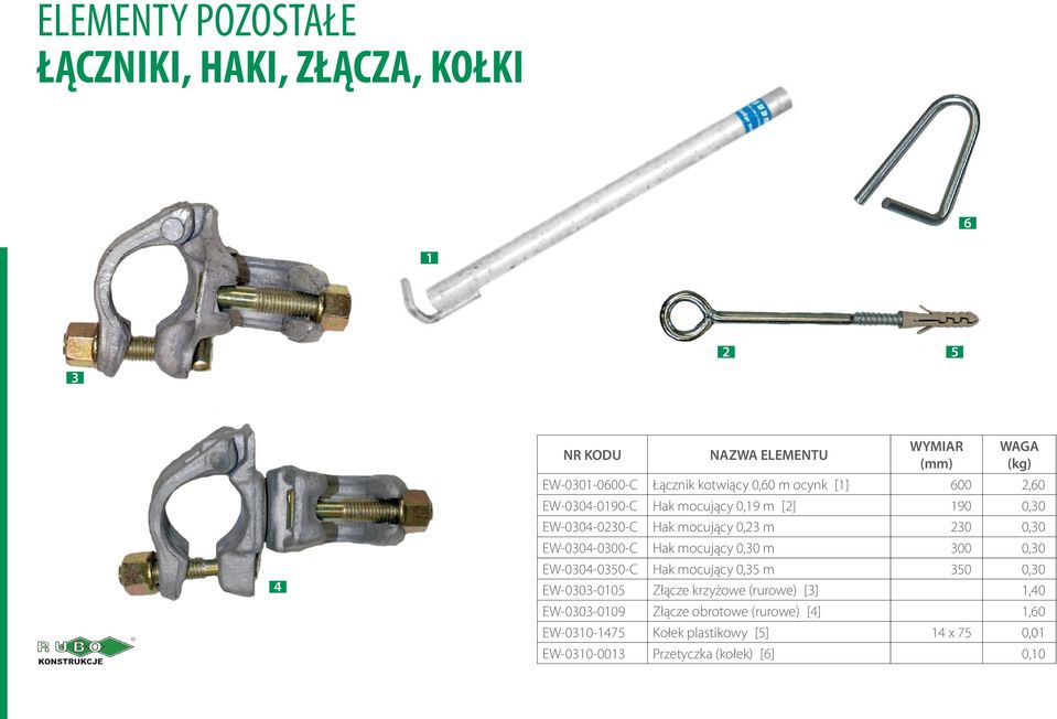 0,30 m 300 0,30 EW-0304-0350-C Hak mocujący 0,35 m 350 0,30 EW-0303-005 Złącze krzyżowe (rurowe) [3],40