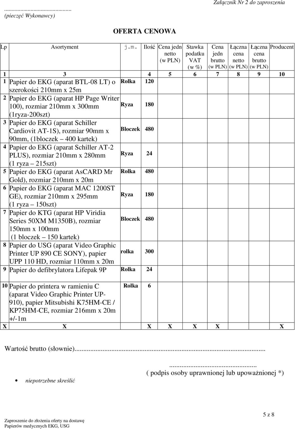 Ilość Cena jedn Stawka Cena Łączna Łączna Producent netto (w PLN) podatku VAT jedn brutto cena netto cena brutto (w %) (w PLN) (w PLN) (w PLN) 1 3 4 5 6 7 8 9 10 Rolka 120 1 Papier do EKG (aparat