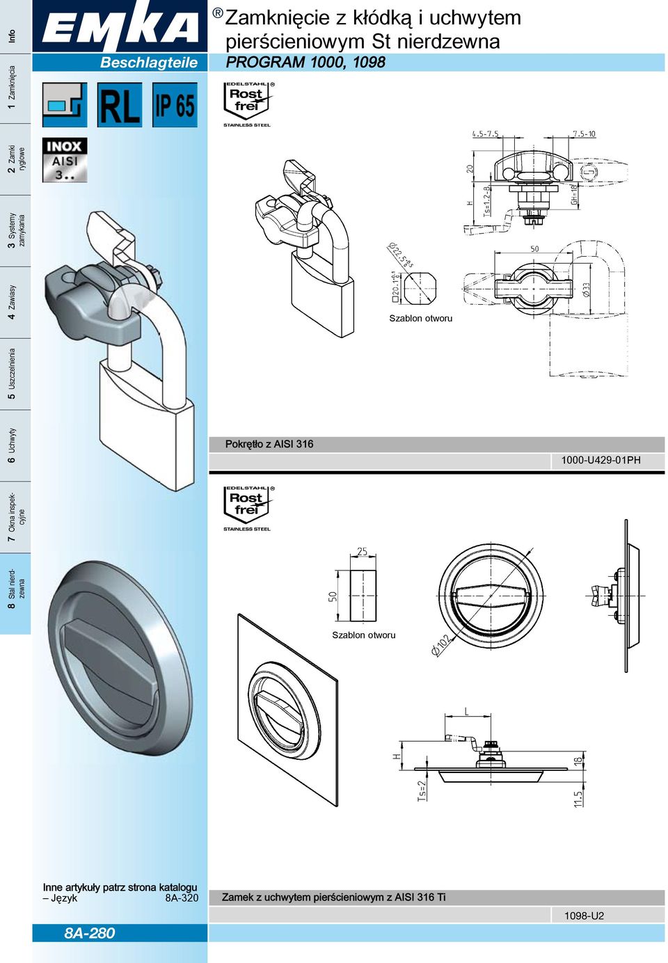 otworu Pokrętło z aisi 316 1000-U429-01PH Szablon otworu