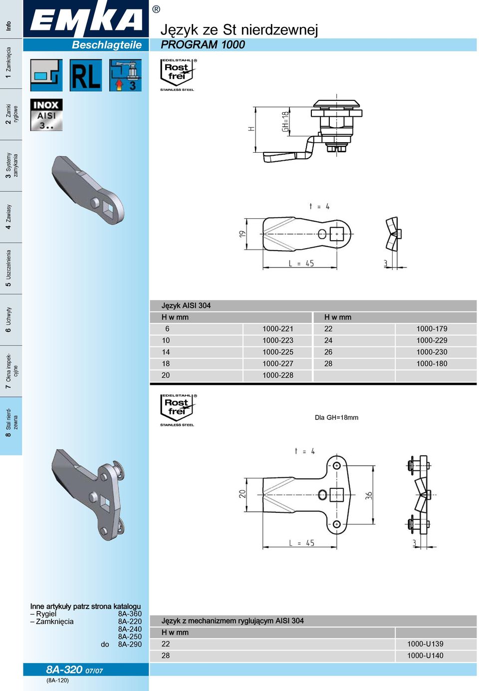 1000-228 Dla GH=18mm Rygiel 8A-360 Zamknięcia 8A-220 8A-240 8A-250 do 8A-290 8A-320