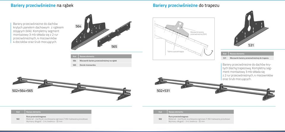 Kompletny segment montażowy 3 mb składa się z 2 rur przeciwśnieżnych, 4 mocowników 4 docisków 564 Mocownik bariery przeciwśnieżnej (531) 565 531