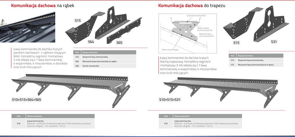 Kompletny segment montażowy 3 mb składa się z 1 ławy kominiarskiej, 4 wsporników, 4 mocowników, 4 docisków 564 Mocownik ławy