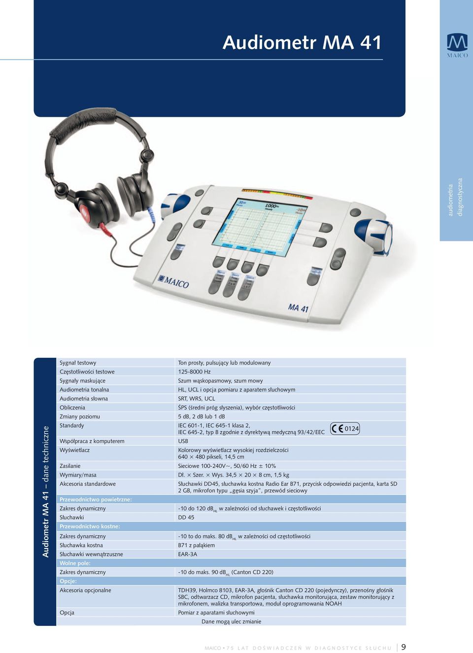 1 db Standardy IEC 601-1, IEC 645-1 klasa 2, IEC 645-2, typ B zgodnie z dyrektywą medyczną 93/42/EEC 0124 Współpraca z komputerem USB Wyświetlacz Kolorowy wyświetlacz wysokiej rozdzielczości 640 480