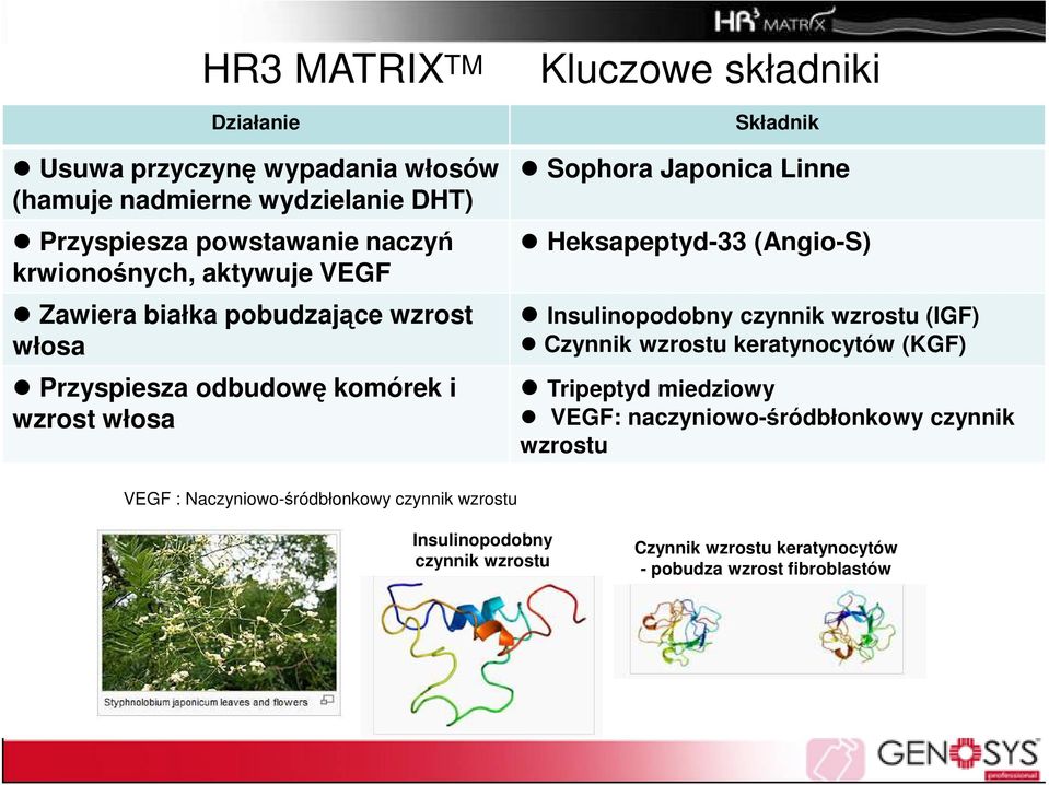 Heksapeptyd-33 (Angio-S) Insulinopodobny czynnik wzrostu (IGF) Czynnik wzrostu keratynocytów (KGF) Tripeptyd miedziowy VEGF: