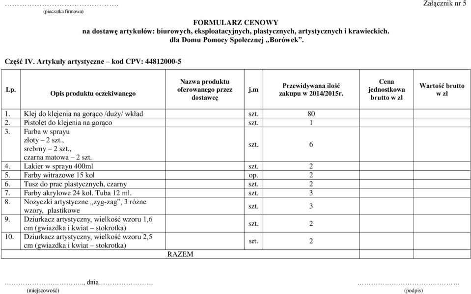 Klej do klejenia na gorąco /duży/ wkład szt. 80 2. Pistolet do klejenia na gorąco szt. 1 3. Farba w sprayu złoty 2 szt., srebrny 2 szt., szt. 6 czarna matowa 2 szt. 4. Lakier w sprayu 400ml 5.