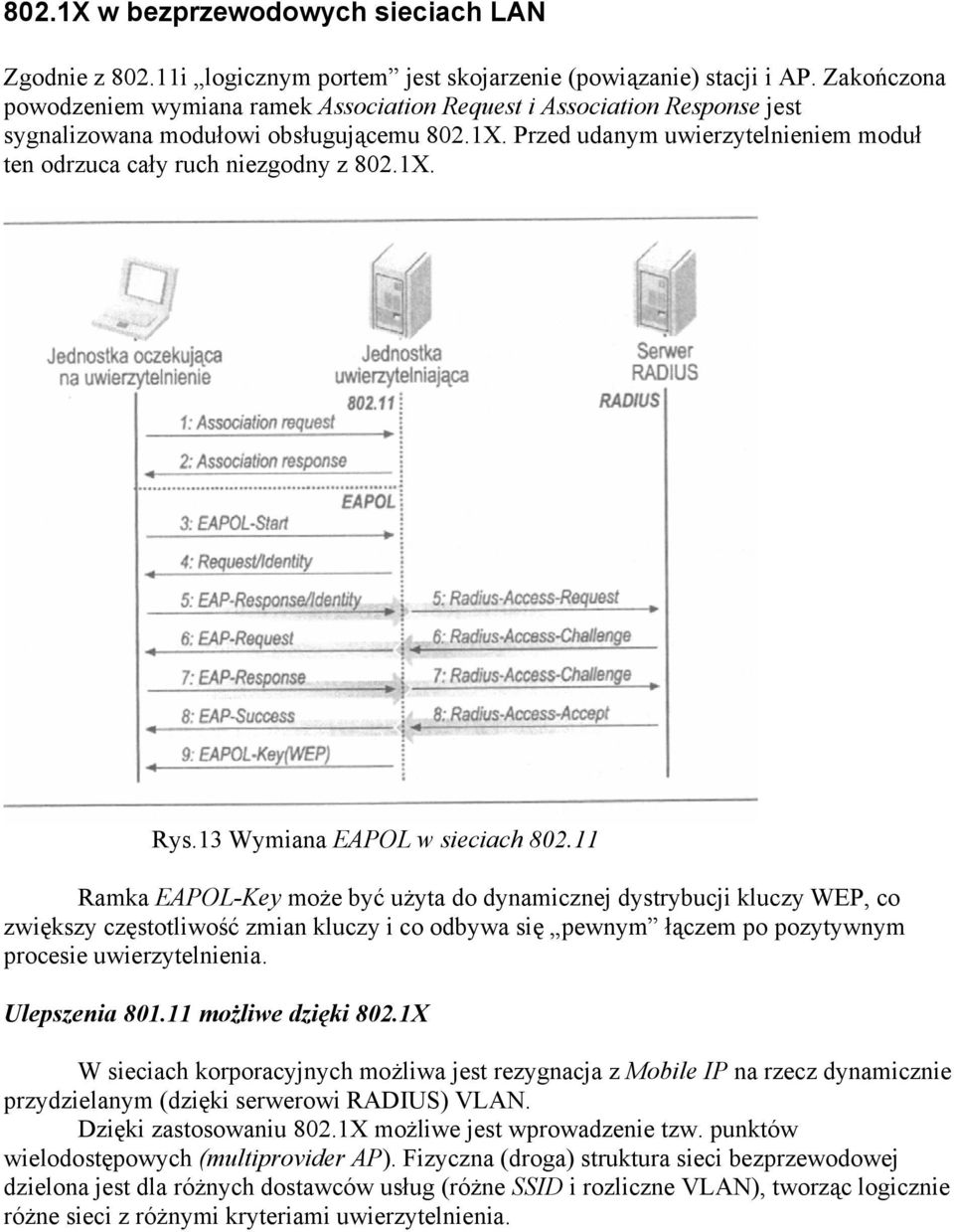 Przed udanym uwierzytelnieniem moduł ten odrzuca cały ruch niezgodny z 802.1X. Rys.13 Wymiana EAPOL w sieciach 802.