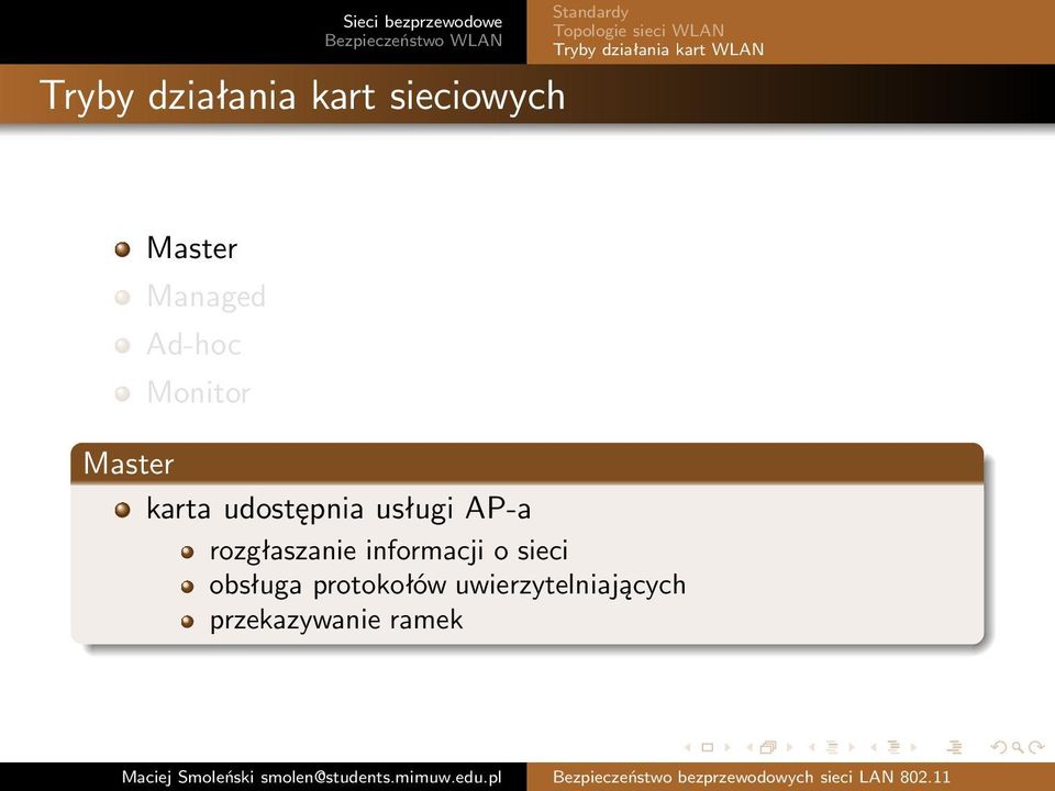 Master karta udostępnia usługi AP-a rozgłaszanie informacji o