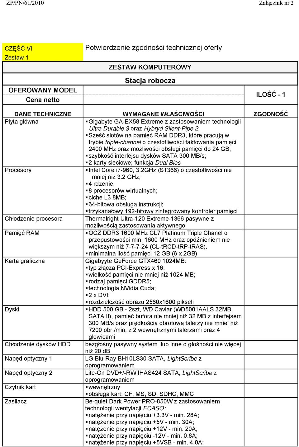 2 karty sieciowe; funkcja Dual Bios Procesory Intel Core i7-960, 3.2GHz (S1366) o częstotliwości nie mniej niż 3.