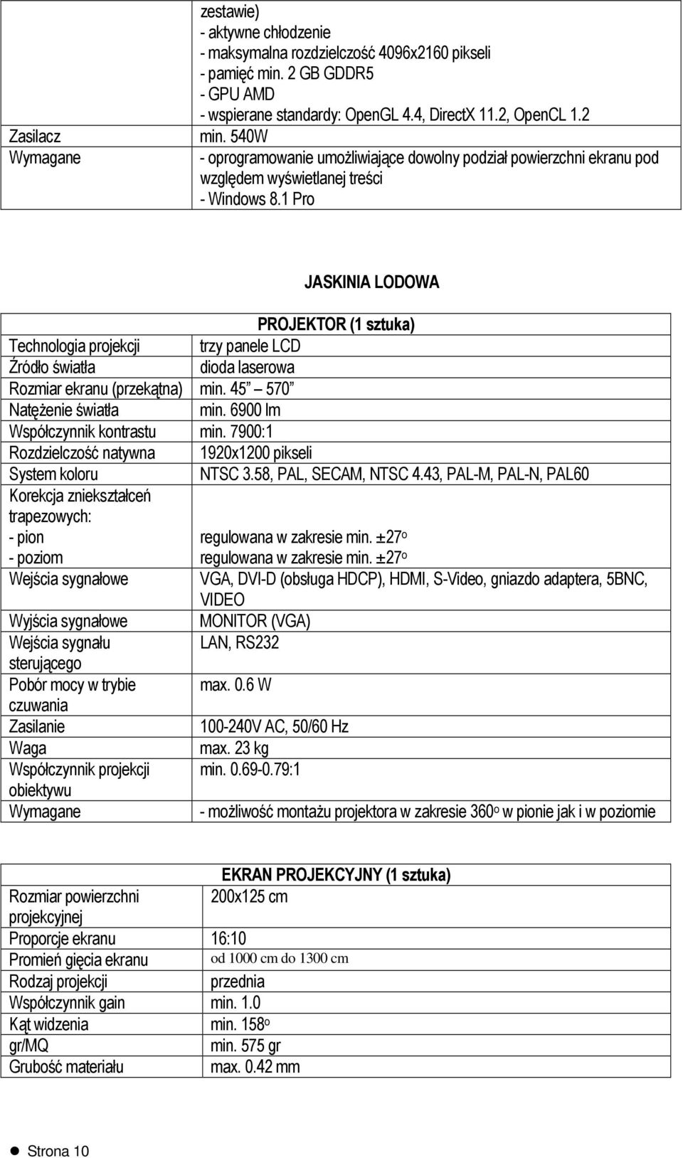 1 Pro JASKINIA LODOWA PROJEKTOR (1 sztuka) Technologia projekcji trzy panele LCD Źródło światła dioda laserowa Rozmiar ekranu (przekątna) min. 45 570 Natężenie światła min.