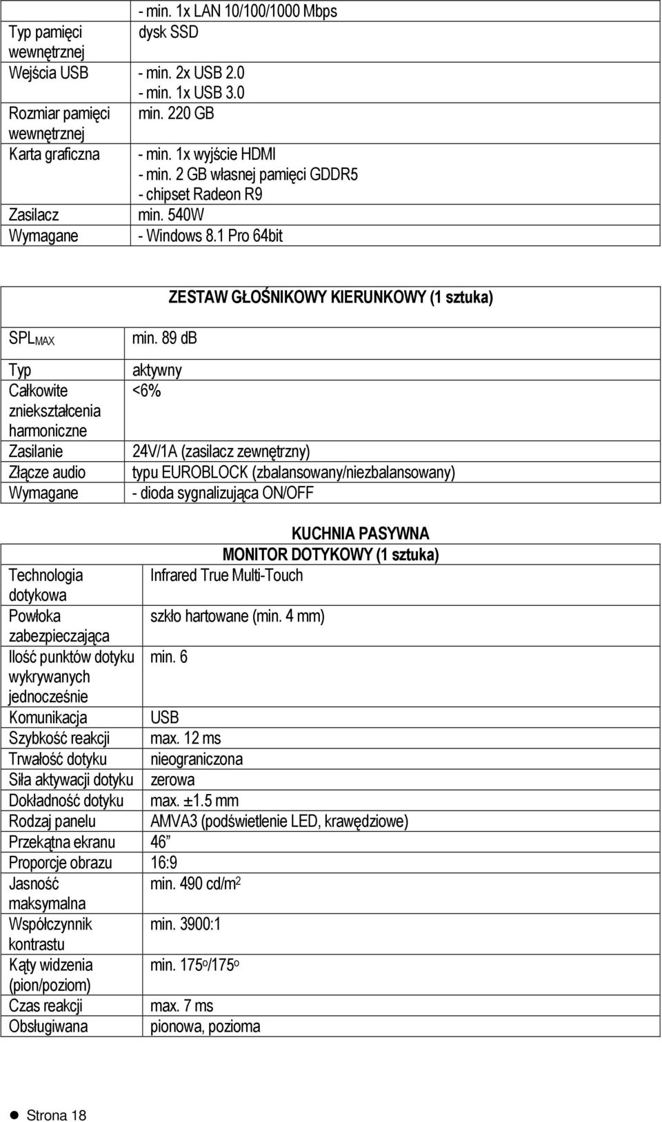 89 db aktywny <6% 24V/1A (zasilacz zewnętrzny) typu EUROBLOCK (zbalansowany/niezbalansowany) - dioda sygnalizująca ON/OFF KUCHNIA PASYWNA MONITOR DOTYKOWY (1 sztuka) Technologia Infrared True