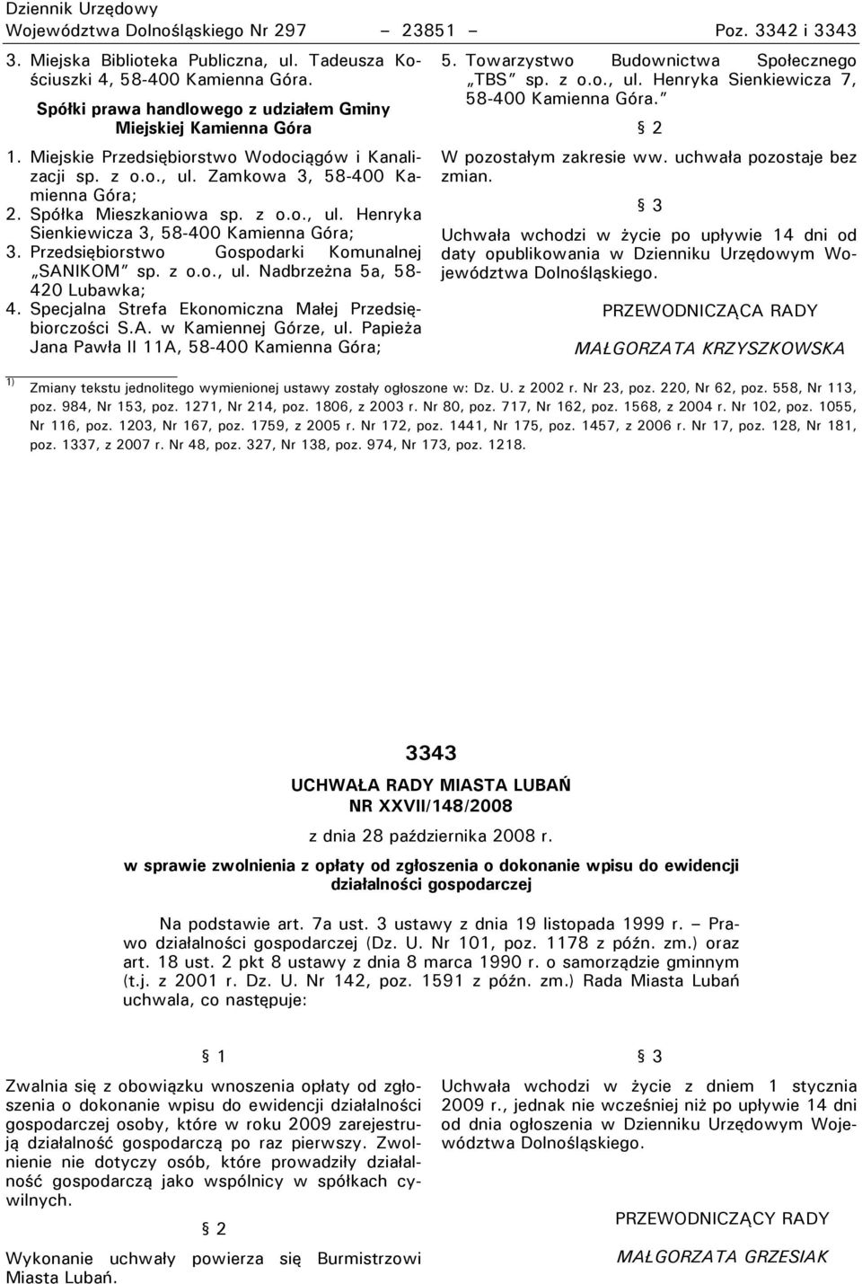 Przedsiębiorstwo Gospodarki Komunalnej manikim sp. z o.o., ul. Nadbrzeuna 5a, 58-420 Lubawka; 4. mpecjalna mtrefa Ekonomiczna Małej Przedsiębiorczości m.a. w Kamiennej Górze, ul.