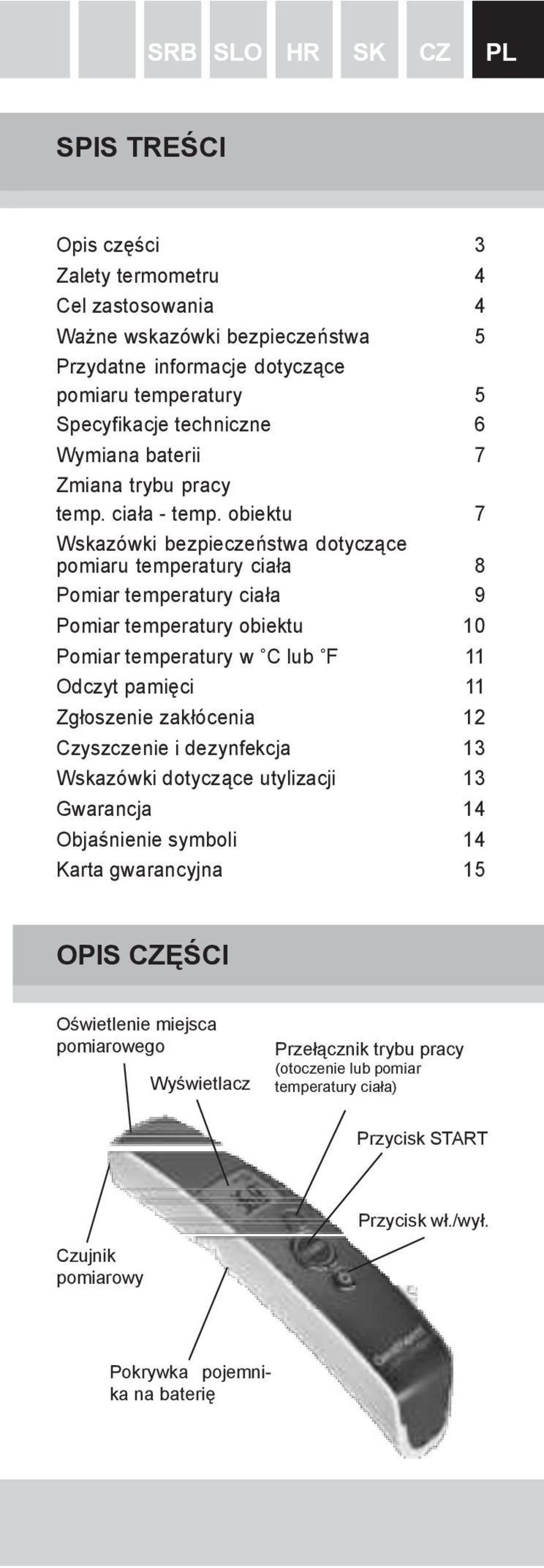 obiektu 7 Wskazówki bezpieczeństwa dotyczące pomiaru temperatury ciała 8 Pomiar temperatury ciała 9 Pomiar temperatury obiektu 10 Pomiar temperatury w C lub F 11 Odczyt pamięci 11 Zgłoszenie