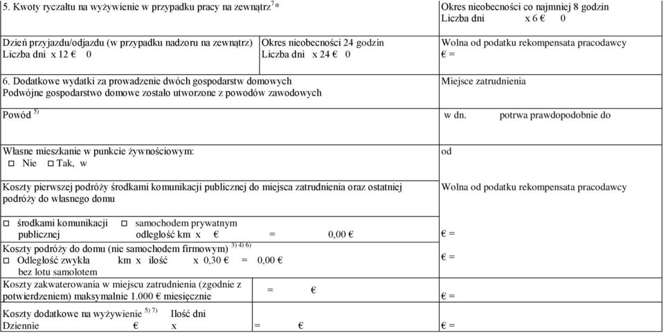 Dodatkowe wydatki za prowadzenie dwóch gospodarstw domowych Podwójne gospodarstwo domowe zostało utworzone z powodów zawodowych Miejsce zatrudnienia Powód 5) w dn.