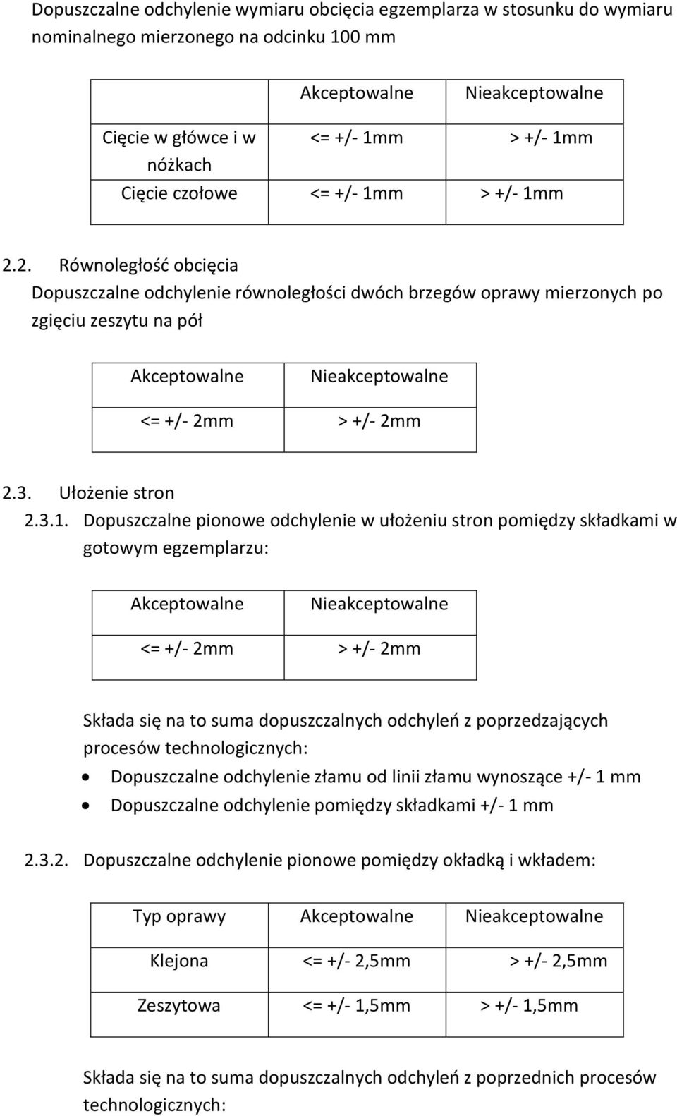 odchylenie w ułożeniu stron pomiędzy składkami w gotowym egzemplarzu: <= +/- 2mm > +/- 2mm Składa się na to suma dopuszczalnych odchyleń z poprzedzających procesów technologicznych: Dopuszczalne