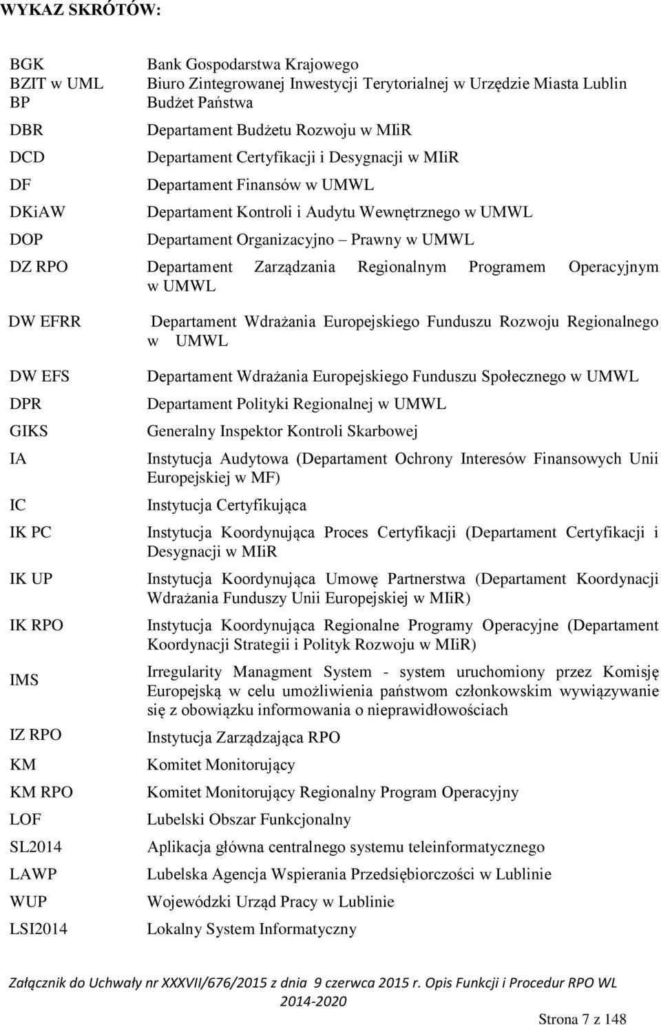 Kontroli i Audytu Wewnętrznego w UMWL Departament Organizacyjno Prawny w UMWL Departament Zarządzania Regionalnym Programem Operacyjnym w UMWL Departament Wdrażania Europejskiego Funduszu Rozwoju