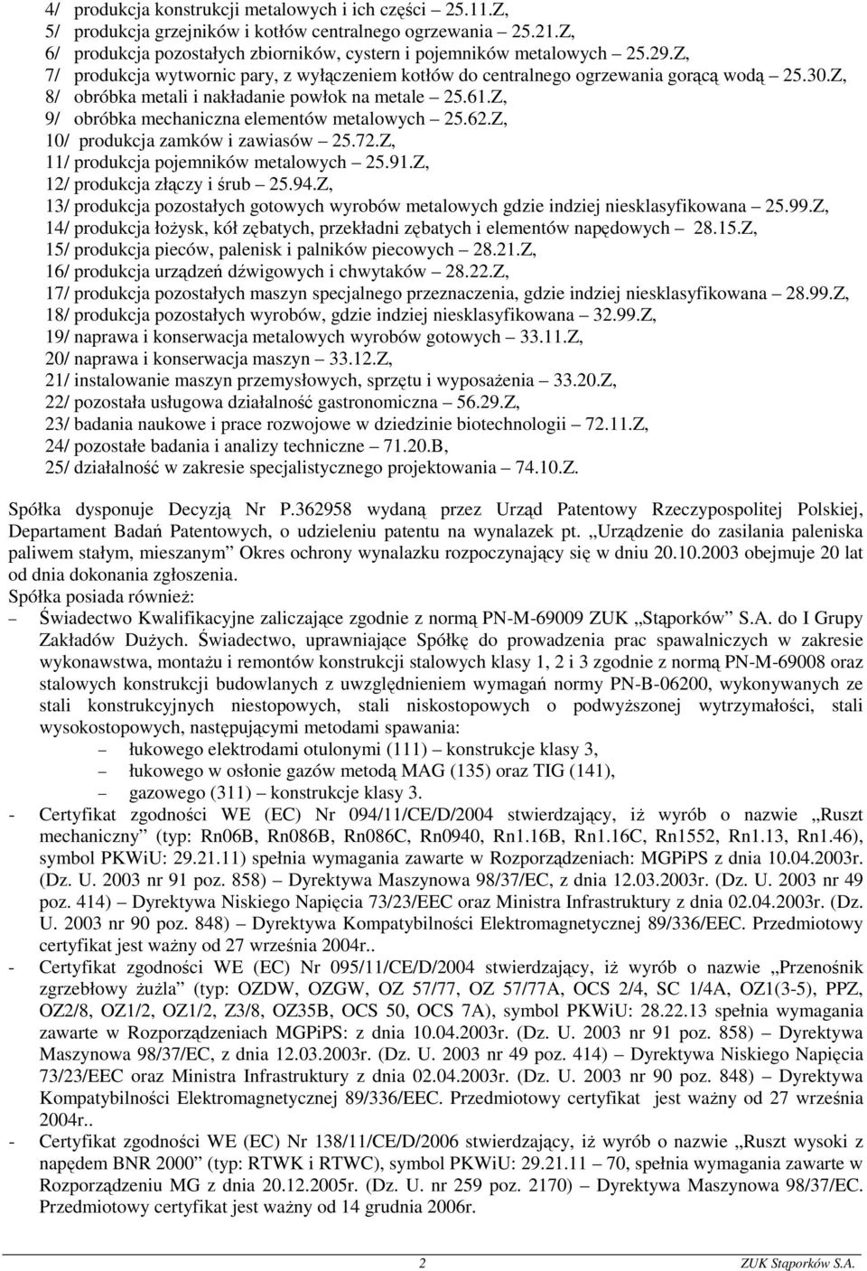 Z, 9/ obróbka mechaniczna elementów metalowych 25.62.Z, 10/ produkcja zamków i zawiasów 25.72.Z, 11/ produkcja pojemników metalowych 25.91.Z, 12/ produkcja złączy i śrub 25.94.