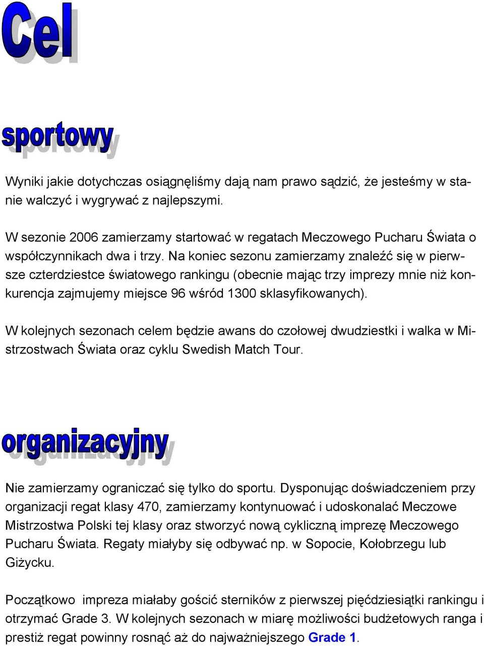 Na koniec sezonu zamierzamy znaleźć się w pierwsze czterdziestce światowego rankingu (obecnie mając trzy imprezy mnie niż konkurencja zajmujemy miejsce 96 wśród 1300 sklasyfikowanych).