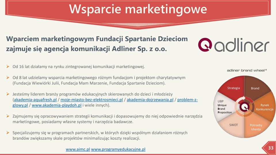 Jesteśmy liderem branży programów edukacyjnych skierowanych do dzieci i młodzieży (akademia-aquafresh.pl / moje-miasto-bez-elektrosmieci.pl / akademia-dojrzewania.pl / problem-zglowy.pl / www.