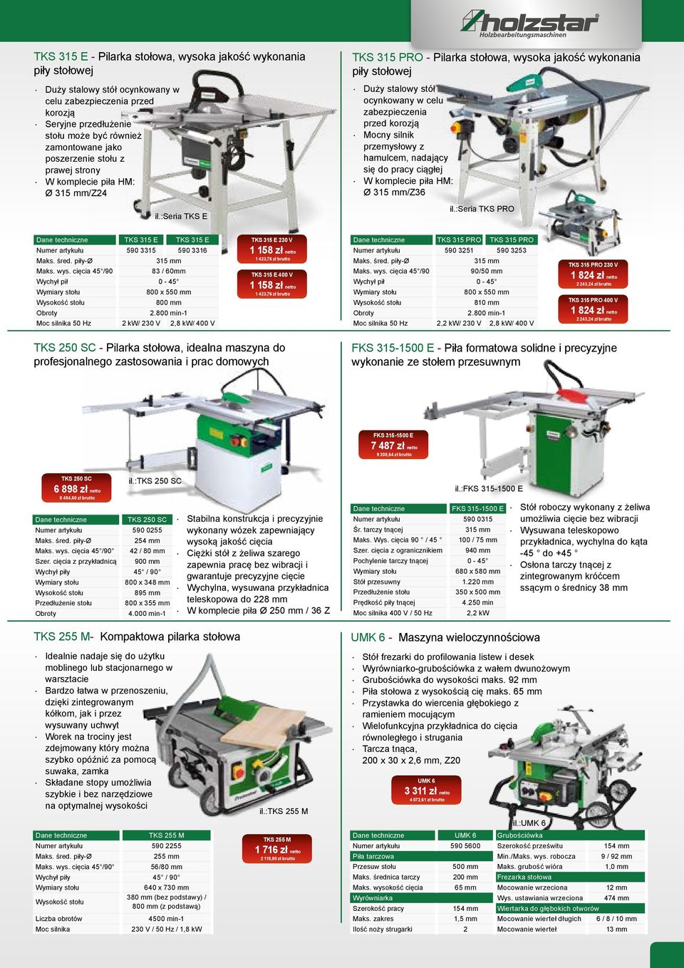 :seria TKS E TKS 315 PRO - Pilarka stołowa, wysoka jakość wykonania piły stołowej Duży stalowy stół ocynkowany w celu zabezpieczenia przed korozją Mocny silnik przemysłowy z hamulcem, nadający się do