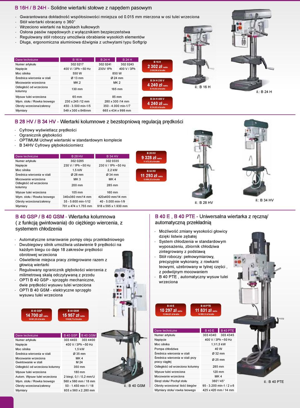 obrabianie wysokich elementów Długa, ergonomiczna aluminiowa dźwignia z uchwytami typu Softgrip B 16 H B 24 H B 24 H Numer artykułu 302 0217 302 0241 302 0243 Napięcie 400 V / 3Ph ~50 Hz 230V 1Ph 400