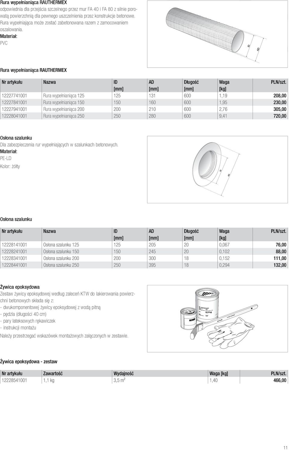[mm] [mm] [mm] [kg] 12227741001 Rura wypełnianiąca 125 125 131 600 1,19 208,00 12227841001 Rura wypełnianiąca 150 150 160 600 1,95 230,00 12227941001 Rura wypełnianiąca 200 200 210 600 2,76 305,00