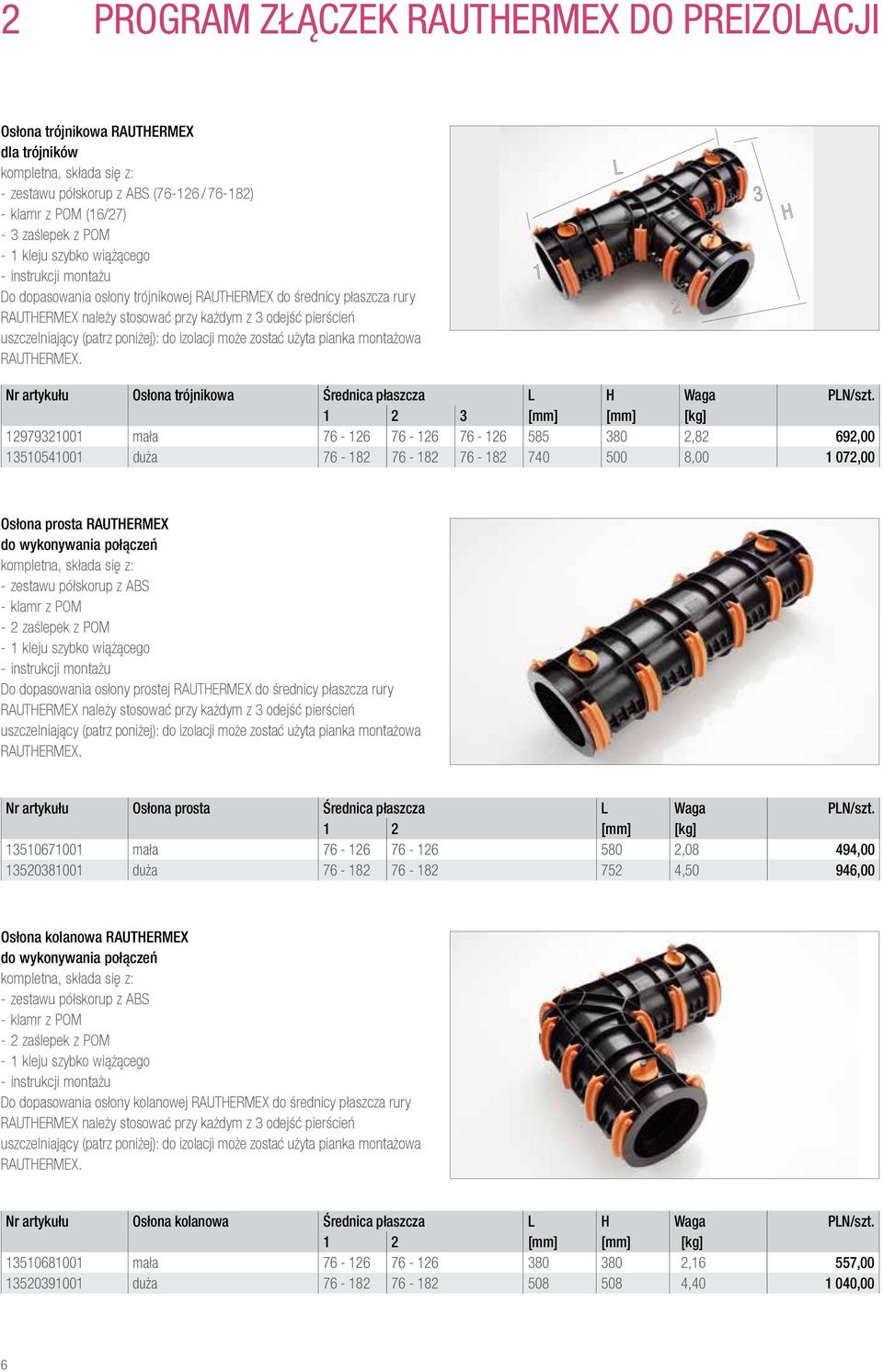 poniżej): do izolacji może zostać użyta pianka montażowa RAUTHERMEX. Nr artykułu Osłona trójnikowa Średnica płaszcza L H Waga PLN/szt.