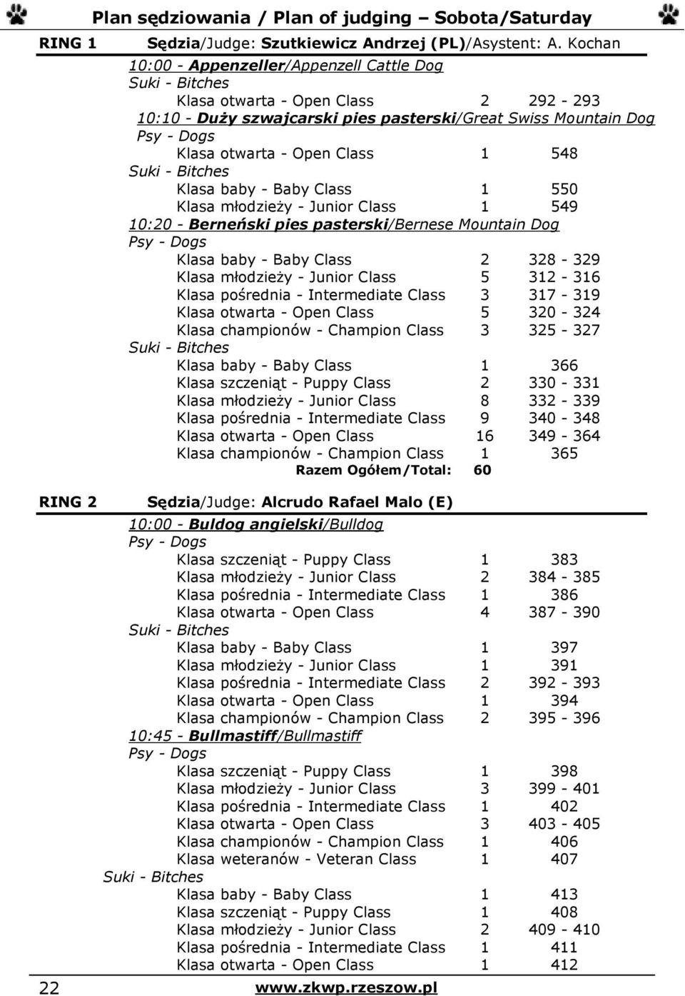 Baby Class 1 550 Klasa młodzieży - Junior Class 1 549 10:20 - Berneński pies pasterski/bernese Mountain Dog Klasa baby - Baby Class 2 328-329 Klasa młodzieży - Junior Class 5 312-316 Klasa pośrednia