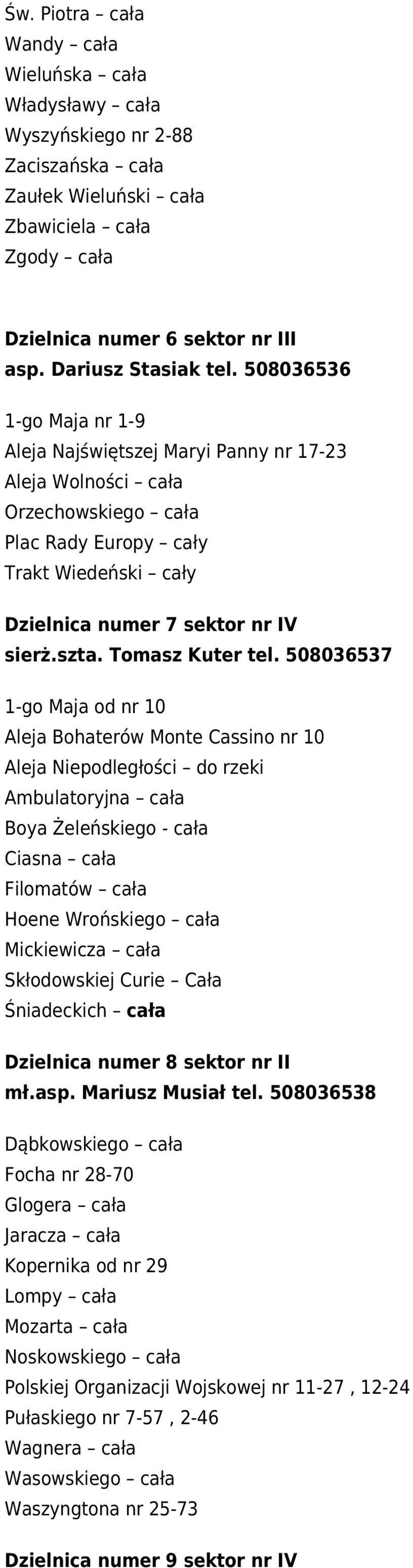 508036536 1-go Maja nr 1-9 Aleja Najświętszej Maryi Panny nr 17-23 Aleja Wolności cała Orzechowskiego cała Plac Rady Europy cały Trakt Wiedeński cały Dzielnica numer 7 sektor nr IV sierż.szta.