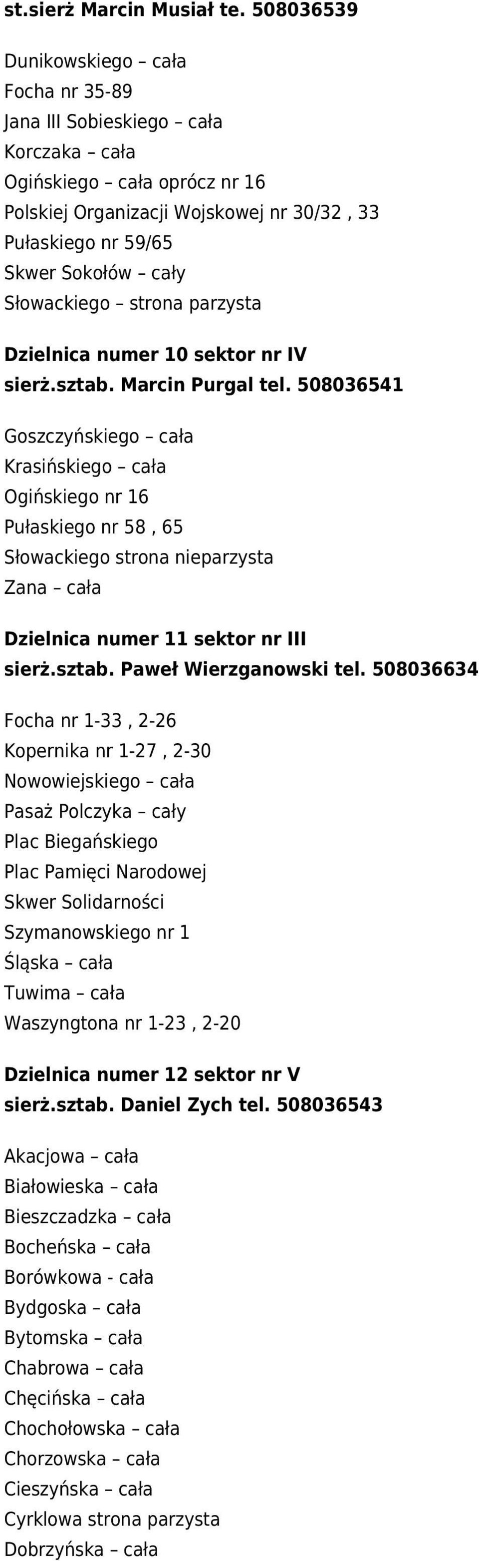 Słowackiego strona parzysta Dzielnica numer 10 sektor nr IV sierż.sztab. Marcin Purgal tel.