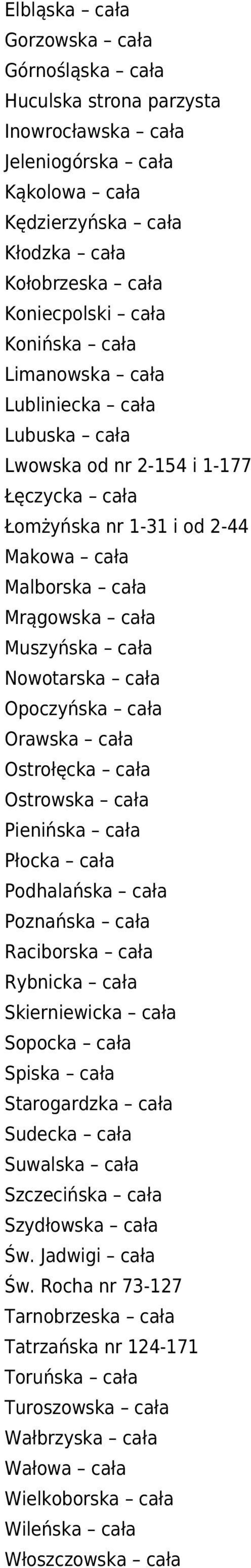 Opoczyńska cała Orawska cała Ostrołęcka cała Ostrowska cała Pienińska cała Płocka cała Podhalańska cała Poznańska cała Raciborska cała Rybnicka cała Skierniewicka cała Sopocka cała Spiska cała