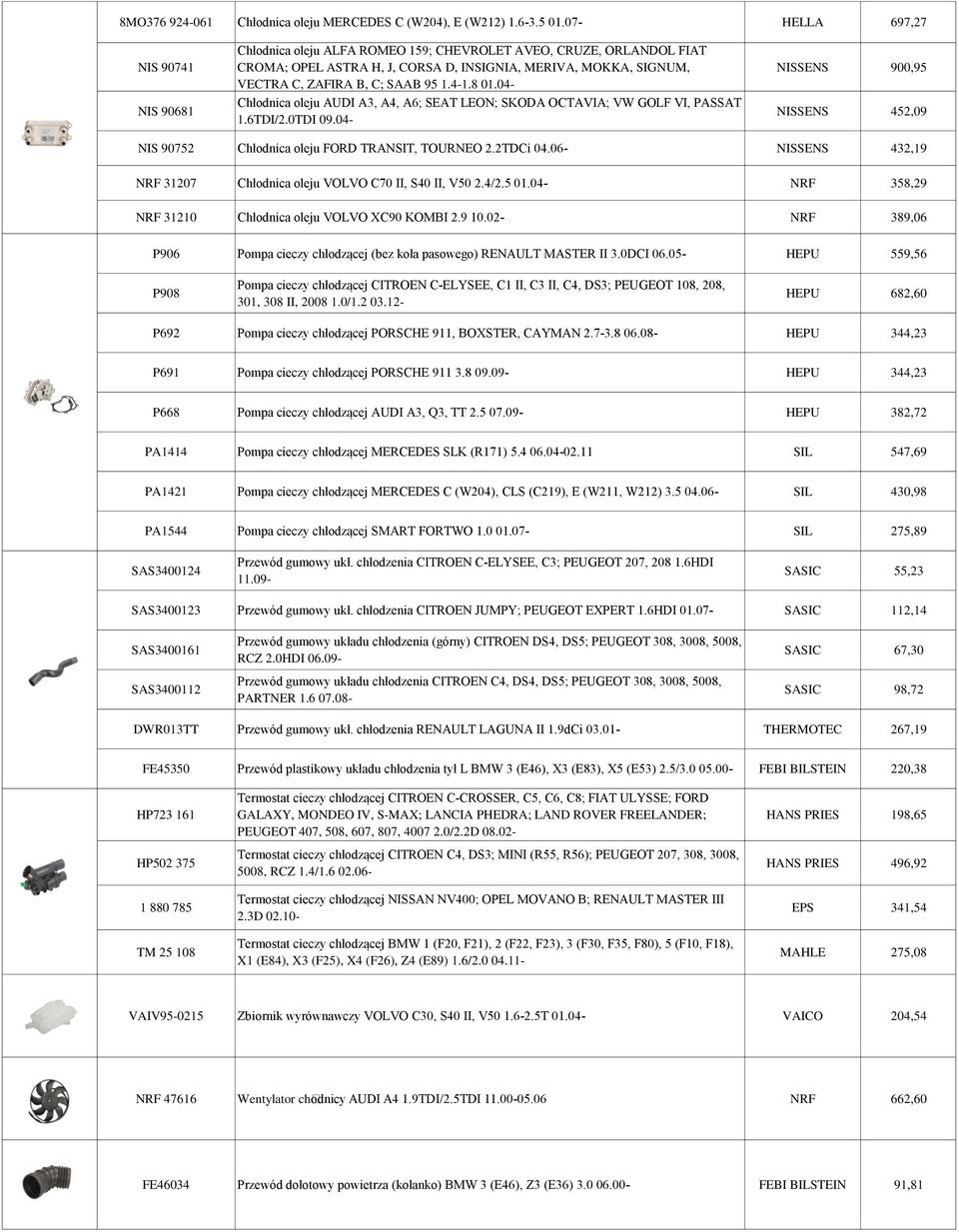 95 1.4-1.8 01.04- Chłodnica oleju AUDI A3, A4, A6; SEAT LEON; SKODA OCTAVIA; VW GOLF VI, PASSAT 1.6TDI/2.0TDI 09.04- NISSENS 900,95 NISSENS 452,09 NIS 90752 Chłodnica oleju FORD TRANSIT, TOURNEO 2.