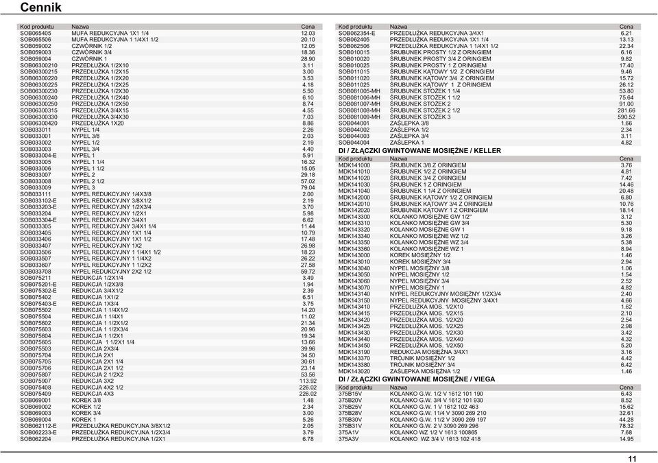 50 SOB06300240 PRZEDŁUŻKA 1/2X40 6.10 SOB06300250 PRZEDŁUŻKA 1/2X50 8.74 SOB06300315 PRZEDŁUŻKA 3/4X15 4.55 SOB06300330 PRZEDŁUŻKA 3/4X30 7.03 SOB06300420 PRZEDŁUŻKA 1X20 8.86 SOB033011 NYPEL 1/4 2.