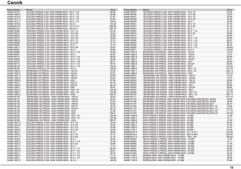 30 KAN620475.9 ZŁACZKA PRESS Z GZ, KAN-THERM INOX - 76 X 2 1/2 664.98 KAN620476.1 ZŁACZKA PRESS Z GZ, KAN-THERM INOX - 88,9 X 3 995.12 KAN6190580 *ZŁACZKA PRESS Z GZ, KAN-THERM INOX - 15 X 1/2 32.