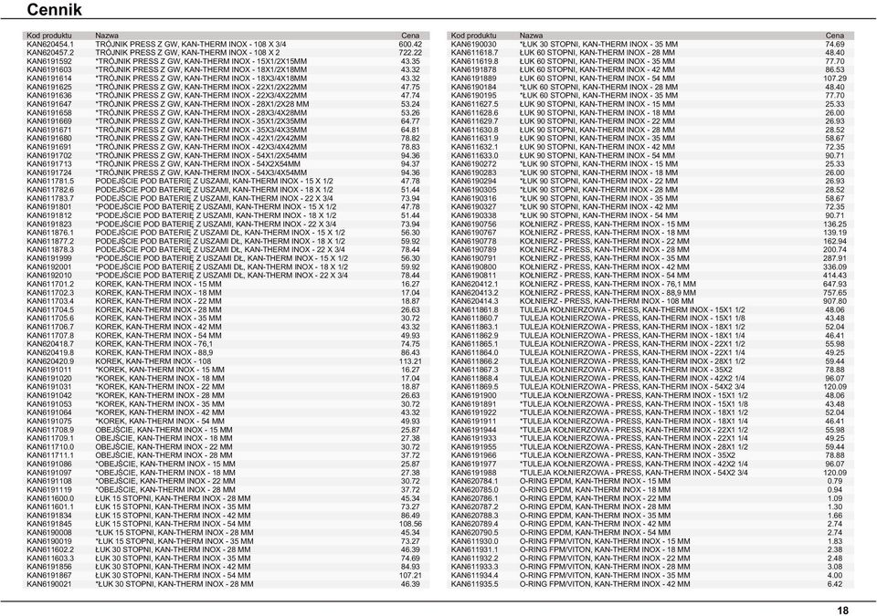 32 KAN6191625 *TRÓJNIK PRESS Z GW, KAN-THERM INOX - 22X1/2X22MM 47.75 KAN6191636 *TRÓJNIK PRESS Z GW, KAN-THERM INOX - 22X3/4X22MM 47.