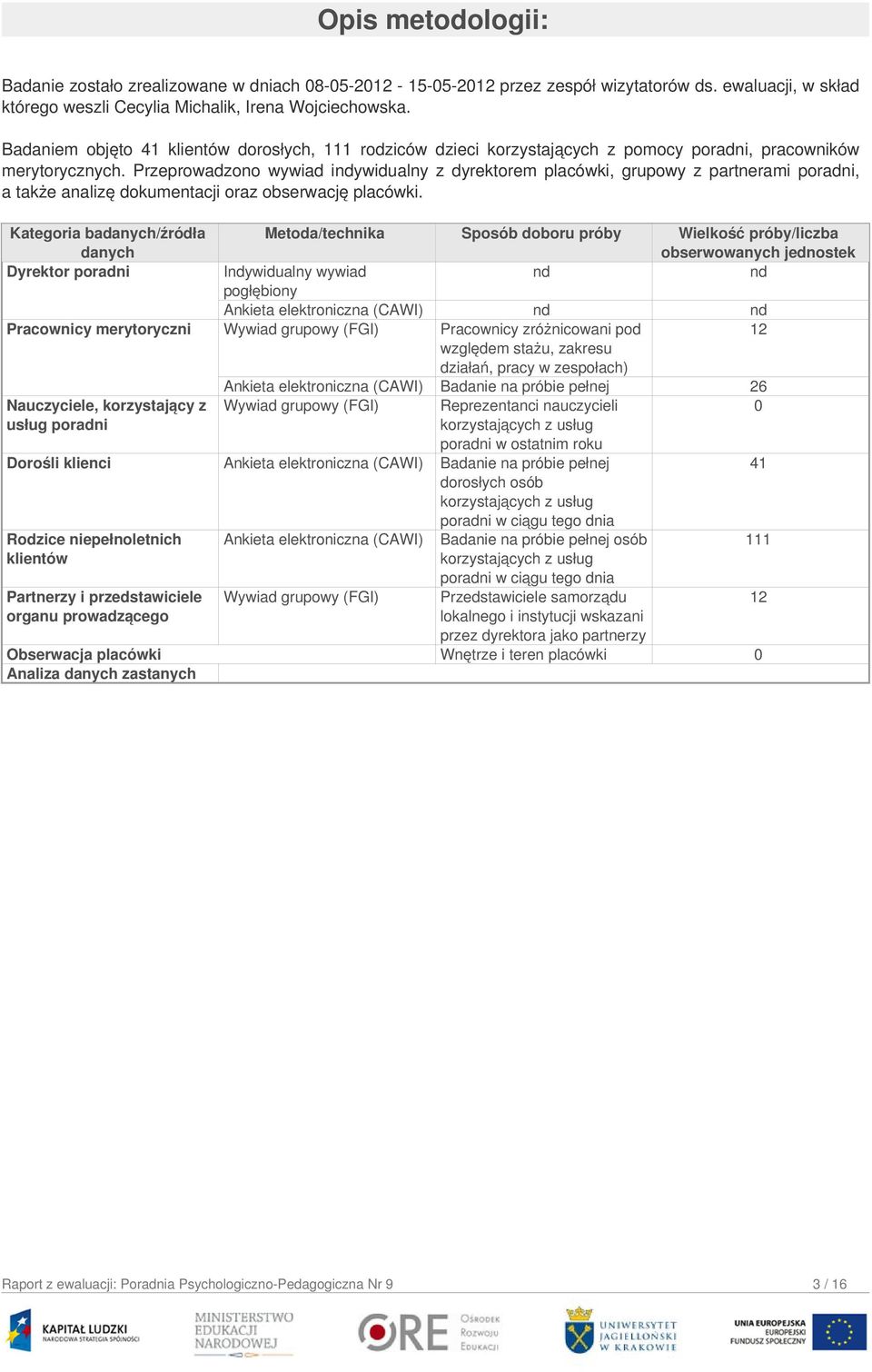 Przeprowadzono wywiad indywidualny z dyrektorem placówki, grupowy z partnerami poradni, a także analizę dokumentacji oraz obserwację placówki.