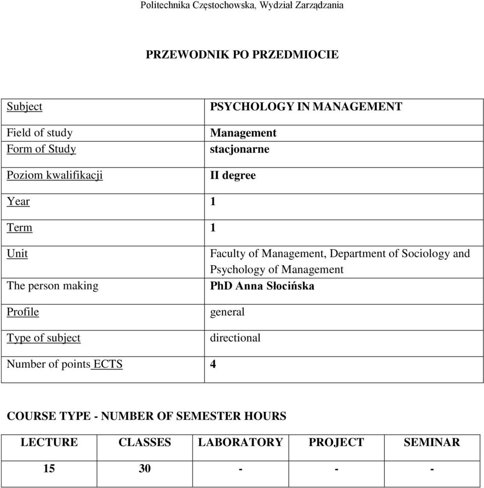 Type of subject Faculty of Management, Department of Sociology and Psychology of Management PhD Anna Słocińska general