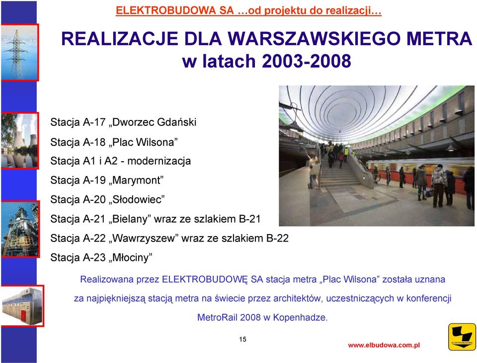 Wawrzyszew wraz ze szlakiem B-22 Stacja A-23 Młociny Realizowana przez ELEKTROBUDOWĘ SA stacja metra Plac Wilsona została