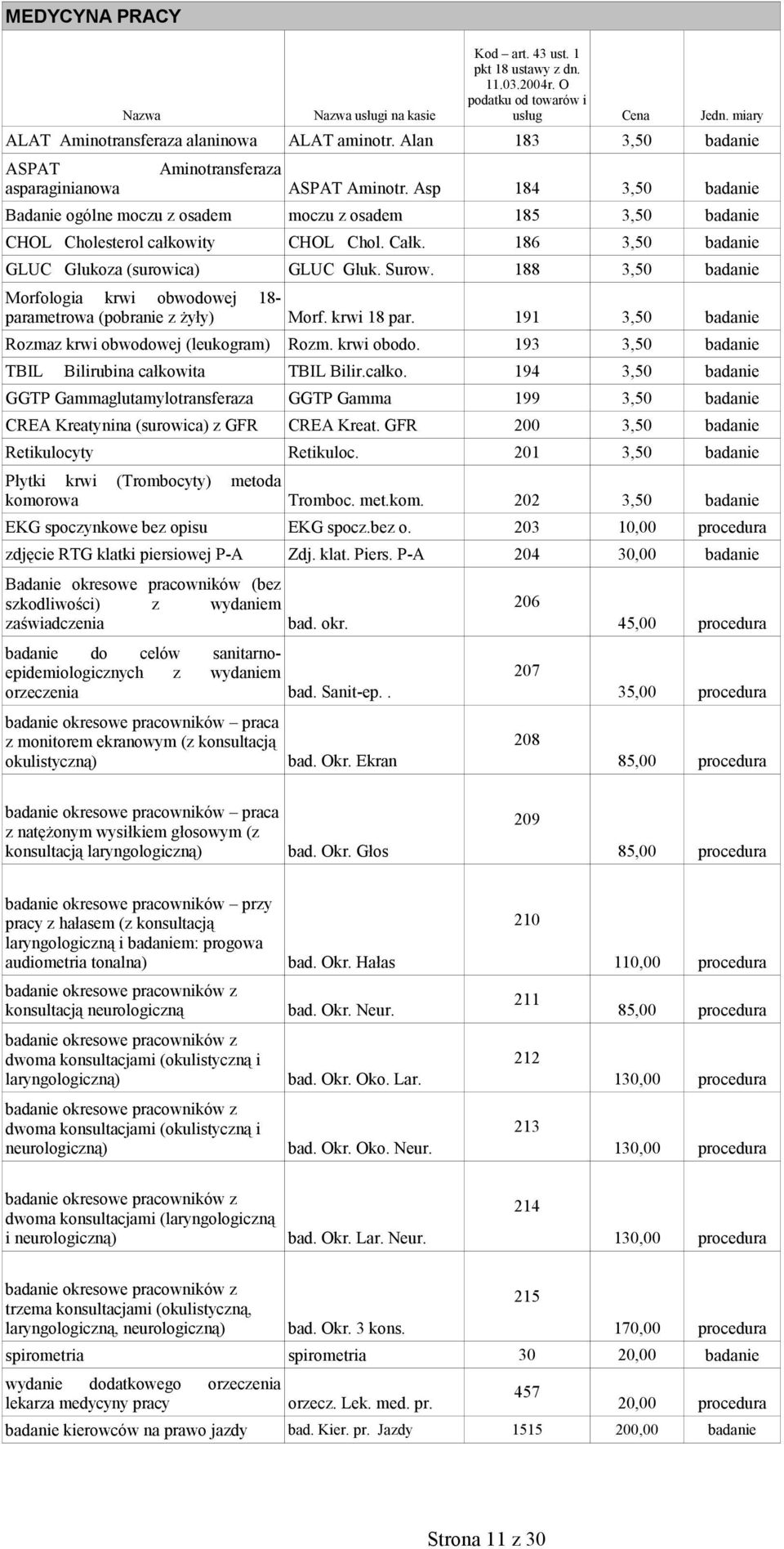 188 3,50 badanie Morfologia krwi obwodowej 18- parametrowa (pobranie z żyły) Morf. krwi 18 par. 191 3,50 badanie Rozmaz krwi obwodowej (leukogram) Rozm. krwi obodo.