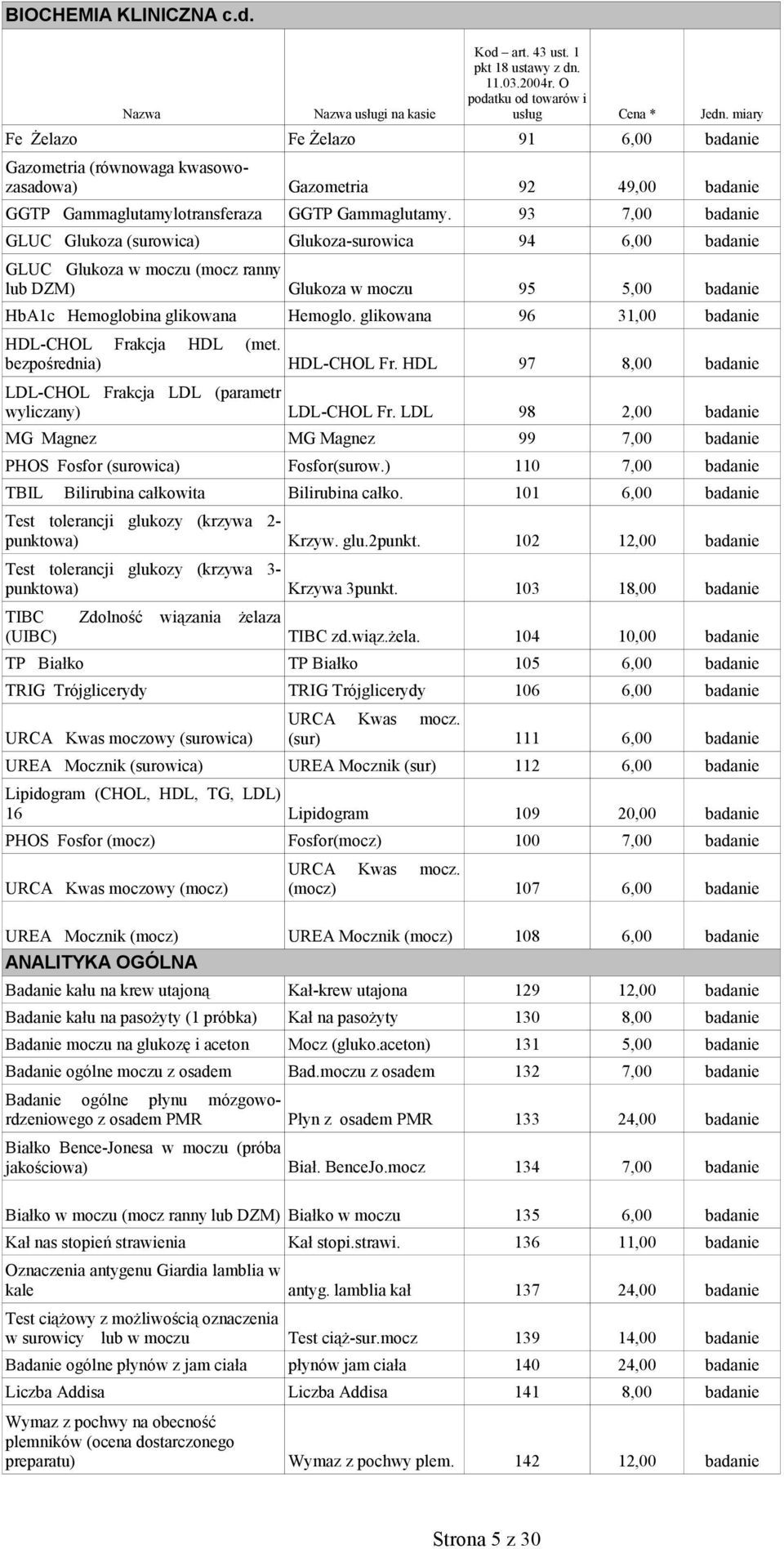 93 7,00 badanie GLUC Glukoza (surowica) Glukoza-surowica 94 6,00 badanie GLUC Glukoza w moczu (mocz ranny lub DZM) Glukoza w moczu 95 5,00 badanie HbA1c Hemoglobina glikowana Hemoglo.