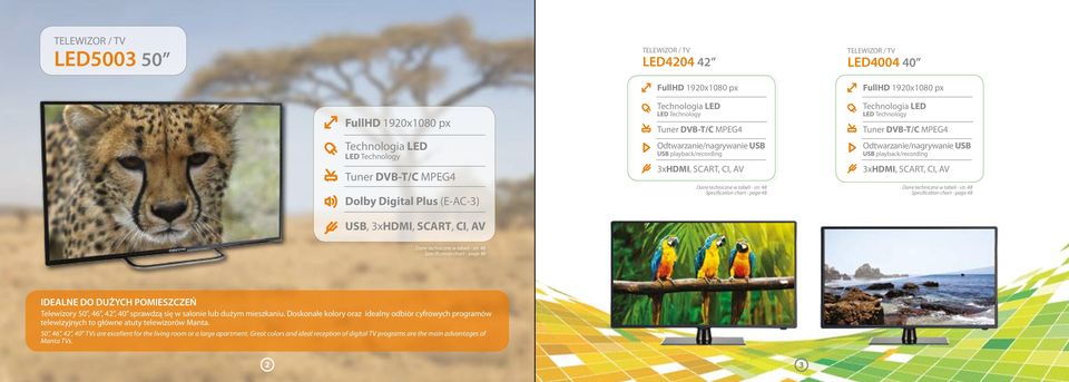 str. 48 Specification chart - page 48 Technologia LED LED Technology Tuner DVB-T/C MPEG4 Odtwarzanie/nagrywanie USB USB playback/recording 3xHDMI, SCART, CI, AV Dane techniczne w tabeli - str.